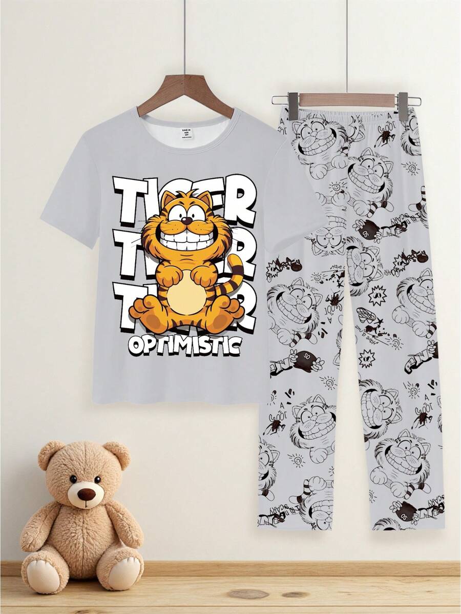 2 件套青少年男童宽松虎纹印花短袖上衣和裤子套装，舒适针织休闲家居服