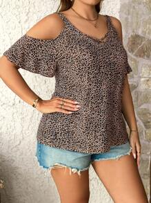 SHEIN LUNE Plus Size Women Leopard Print Open Shoulder Short Sleeve Casual T-Shirt Summer Tops  Vacation Outfits Woman  Cheetah Print
