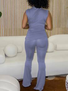 INAWLY Conjunto de 2 piezas de talla grande de verano informal con camiseta sin mangas y pantalones acampanados en unicolor - Gris Oscuro - Ver 2