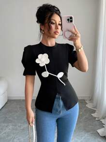 Elenzga Women's Round Neck Contrast Color Gigot Sleeve Floral Print T-Shirt - Black - View 1