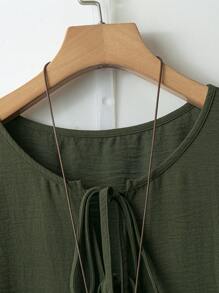 Linhara Women Plus Size Solid Color Front Bow Blouse & Floral Print Wide Leg Pants Casual 2 Pieces Set - Multicolor - View 4