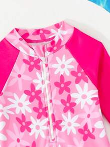 SHEIN Traje de baño de una pieza con cremallera de manga larga con estampado tropical para bebé niña, traje de baño protector solar con mangas raglán con volantes, trajes de baño para bebé niña - Multicolor - Ver 3