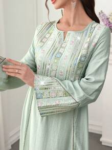Al Najma Colorful Embroidered & Bead Decor Flare Sleeve Round Neck Maxi Arabian Dress, Modest