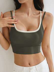 DAZY 女士撞色运动文胸，无缝，轻盈塑形，可拆卸垫 - 軍綠色 - 查看 3