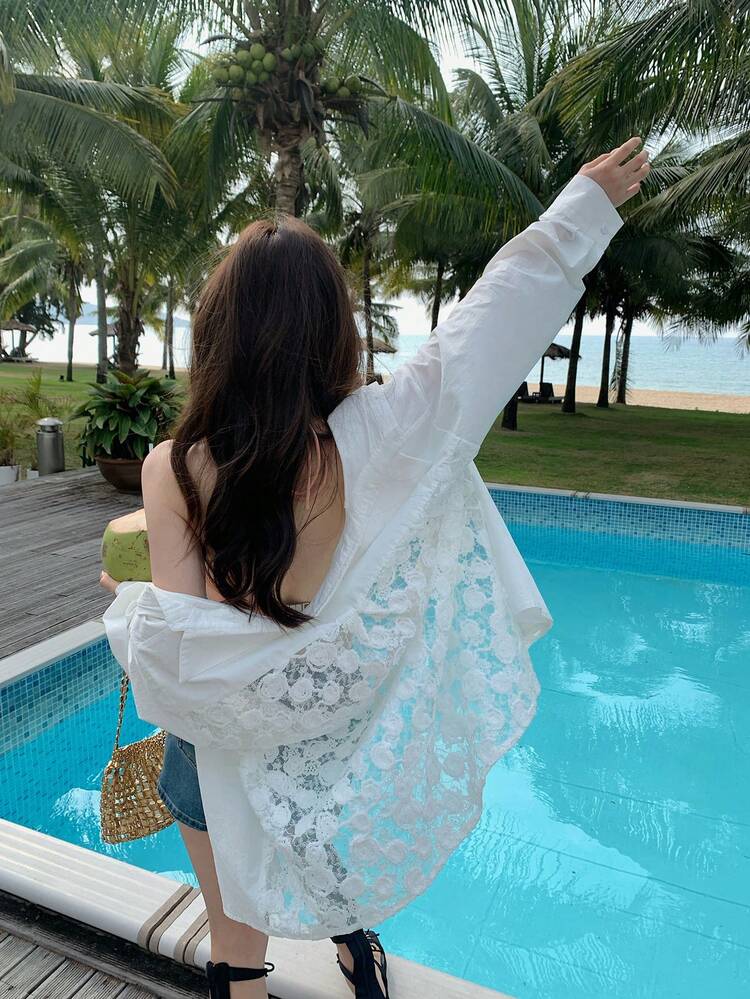 Women's Floral Leisure Korean Style Elegant Casual Long Sleeve Solid Color Blouse, For Summer Travel Vacation