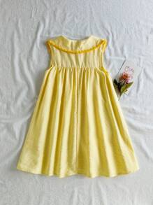 Vintaside Kids Young Girl Casual Peter Pan Collar Floral Embroidered Sleeveless Dress, Summer Summer Holiday - Yellow - View 2