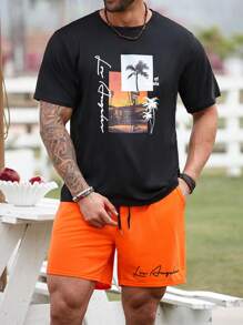 Manfinity RSRT Conjunto de 2 piezas para hombres talla grande con camiseta de manga corta con estampado de letra y pantalones cortos con cordón en la cintura, conjunto casual de verano