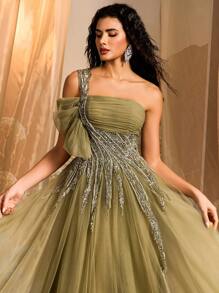 Glamrae Elegante e lindo vestido tutu de tule com apliques de lantejoulas e miçangas luxuosas verdes, bainha e cauda grandes, com babados, adequado para casamentos, despedidas de solteira, férias, bailes de formatura, jantares (design resistente), formais, vestidos de festa, vestidos longos, para noite, convidados de casamento - Verde de Exercício - Ver 7