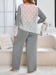 Plus Size Color Block Lace Patchwork Pajama Set, Top & Pants - Grey - View 2