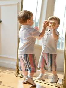 SHEIN Baby Boy Casual Single-Breasted Short Sleeve Shirt And Striped Shorts Set - Multicolor - View 2
