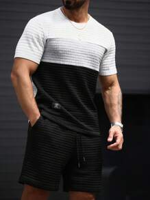 Manfinity Homme 男士 T 恤和短裤两件套，圆领拼色设计，时尚夏季男士两件套短装男士两件套短裤套装男士夏季服装男士 T 恤套装男士服装两件套男士两件套 - 彩色 - 查看 3
