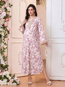 SHEIN 孕妇花卉印花 V 领喇叭袖连衣裙 - 淺粉色 - 查看 1