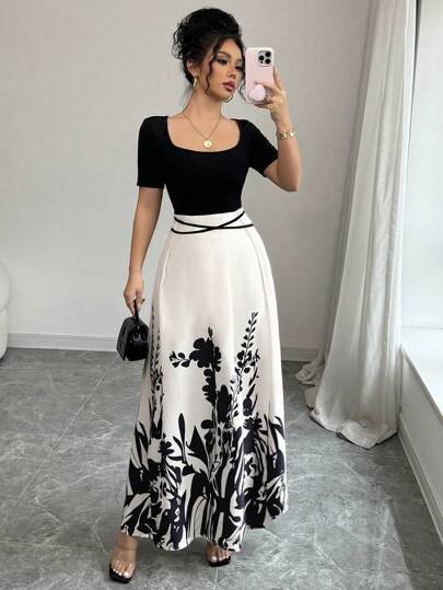 Elenzga Women's Elegant Fitted Waisted Qipao Dress With Short Sleeve, Square Neck, Waist Tie Design, Novelty Chinese-Style Floral Print