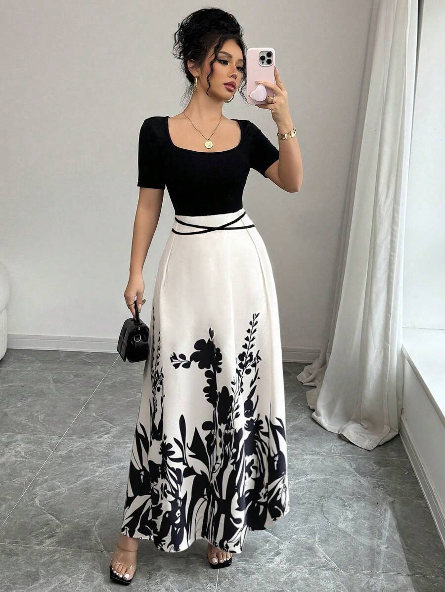 Elenzga 女士优雅合身收腰旗袍连衣裙，短袖，方领，腰带设计，新颖中式花卉印花 - 杏色 - 查看 1