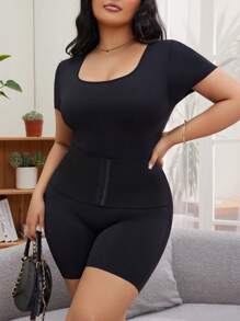 SHEIN 大码纯色短袖连体裤 - 黑色 - 查看 4