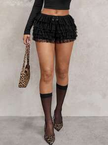 SHEIN SXY Plus Size Women's Fashion Sexy Street Teen Girls Polka Dot Lace Ruffle Trim Low Waist Mini Shorts, Ballet Style, Suitable For Everyday Wear, Western Wear, Cruise Attire, Music Festival, Concert, Carnival Party, Beach Vacation, Date Night, Birthday, Bachelorette Party, Club, Cute, Casual, Shopping, Streetwear, Going Out, Easy To Match & Looks Slim, Accent Your Body, Flatter The Figure Mini Short Micro Short