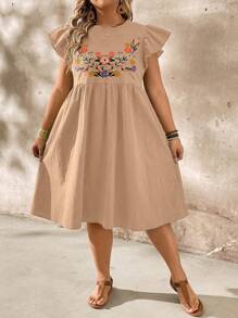 Linhara Plus Size Embroidered Floral Cotton Casual Short Dress, Spring Summer
