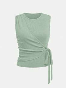 SHEIN Clasi 2 件套女士纯色侧扭圆领背心和裤子休闲装 - 綠色 - 查看 3