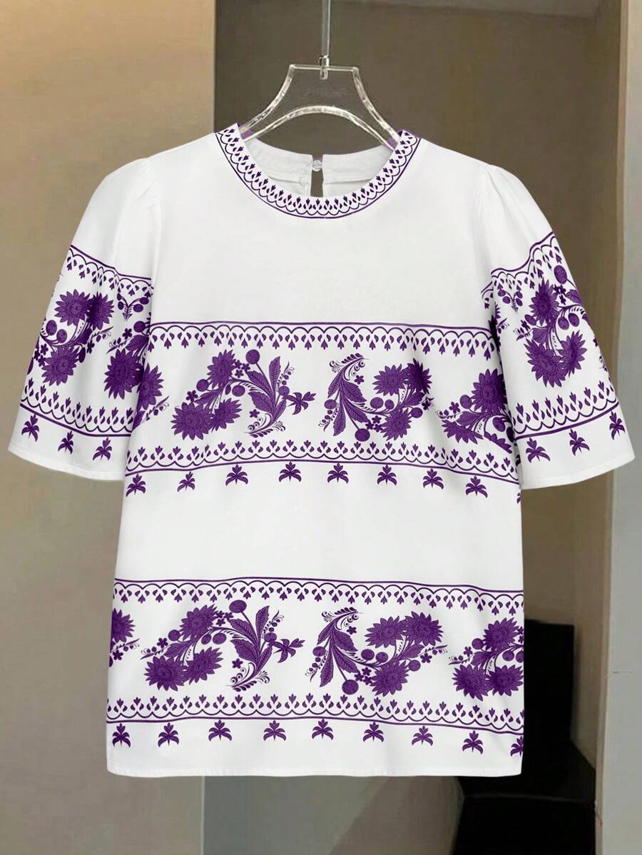 SHEIN LUNE 女士休闲花卉印花圆领短袖夏季衬衫 - 彩色 - 查看 1