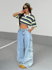 StreetHx 女式修身条纹撞色 Polo 领 T 恤，春/秋 - 黃色 - 查看 2