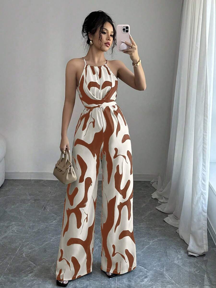 SHEIN Elenzya 女式印花面料腰部收紧连身裤，带挂脖领，优雅适合度假和日常穿着 - 卡其色 - 查看 1