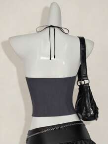 SHEIN ICON Slim Fit Lace Mock Neck Women Tank Top Goth Goth - Grey - View 2