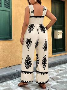 SHEIN Holidaya Plus Size Women Totem Print Elastic Strap Straight Leg Casual Loose Jumpsuit Romper - Multicolor - View 2