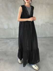 FRIFUL 女士黑色连体连衣裙，无袖露背系带夏季长款连衣裙 - 黑色 - 查看 3