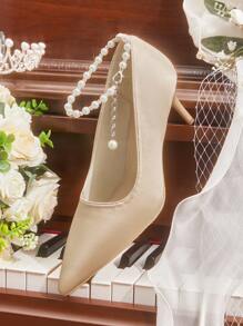 CUCCOO HITCHD Zomer Nieuwe Damesschoenen Parel & Strass Hanger Ketting Enkelbandje Puntige Teen Stiletto Kitten Heels, Elegante Intellectuele Klassieke Romantische Glamour Elegante Champagne Gouden Satijnen Bruidsjurk Bruiloft Feestjurk Pumps