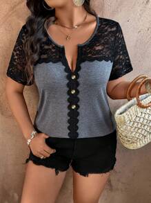 SHEIN LUNE Plus Contrast Color Sexy Lace Button Decorated Casual INS Style Summer T-Shirt