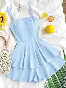 SHEIN Teen Girls Chiffon Layered Ruffle Contrast Bubble Hem Bowknot Romper, Casual Jumpsuit Skort For Spring & Summer