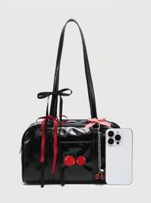 ROMWE Kawaii 女士复古可爱格子蝴蝶结带樱桃心装饰单肩腋下包，多口袋波士顿单肩包