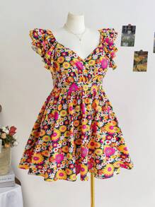 Soleia Plus Size V-Neck Gathered Waist A-Line Mini Dress With Overlapped Front & Flutter Sleeves, Floral Print Vacation Style