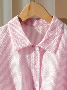 Set de 2 piezas de camisa de manga corta de algodón tejido a rayas con pantalones de pierna ancha para niñas, conjunto informal de primavera/verano para vacaciones - Rosa - Ver 3