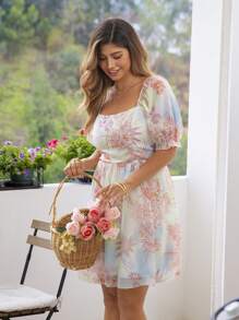 KURAYIA Plus Size Women's Puff Sleeve Square Neck Digital Print Dress - Pink - View 4