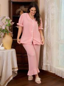 Côtesoire Plus Size Lace Trim Colorblock Pajama Set - Coral Orange - View 4