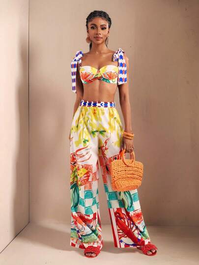 Zivah Beach New Spring And Summer Casual Holiday Bowknot Shoulder Straps Chest-Wrapped Heart Collar Cropped Top + Wide-Leg Super Trousers Full Of Underwater World Colorful Print Women's Two-Piece Set-B