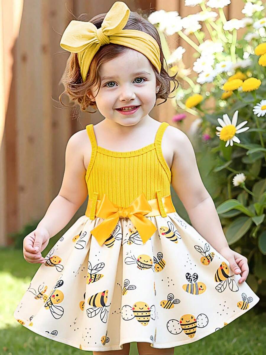 SHEIN Playful Pals 女宝宝夏季新款罗纹心形印花简约可爱无袖连衣裙 - 黃色 - 查看 1