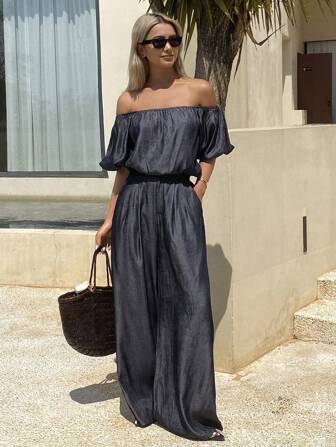 DAZY 2 piezas Conjunto de mujer de denim: Top off-shoulder de manga corta y pantalones rectos de pierna