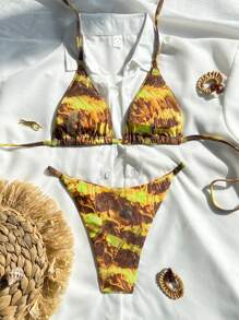 Swim SXY 2 件套女士露背系带镂空高开丁字裤比基尼泳装，随机彩色印花，海滩度假