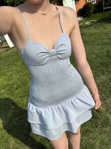 SHEIN EZwear 女士优雅纯色收腰荷叶边下摆吊带背心迷你连衣裙 - 藍色 - 查看 4