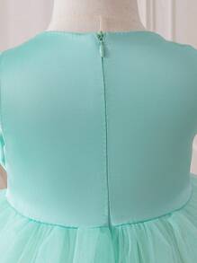SHEIN Glamorique Kids Elegant Summer Mint Green Flower Girl Dress,Baby Girl Satin Tulle Skirt With Double Layered Bow Front,Suitable For Birthday Party Wedding Occasion - Green - View 3