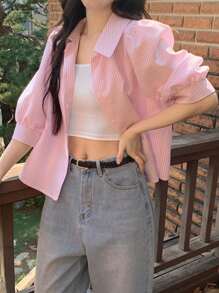 DAZY 女士条纹喇叭半袖宽松有领衬衫，春夏秋季 - 淺粉色 - 查看 7