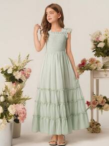 Vestido largo elegante para niña con diseño floral, vestido de fiesta de gasa sin mangas con estampado floral para niña preadolescente - Verde - Ver 6