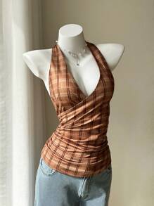 SHEIN Áo cánh kẻ caro cổ chữ V nhún eo buộc cổ thời trang nữ, mùa xuân và mùa hè - Màu Khaki - Xem 7