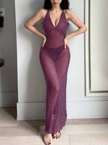 DAZY Sheer Silver Shiny Thread Mixed Mesh Deep V-Neck Backless Sexy Nightgown For Going Out - Red Violet - View 6