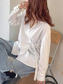 FRIFUL Camisa feminina de cor sólida com ombros caídos e manga comprida, casual, com cinto solto na cintura, outono - Branco - Ver 6
