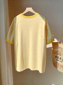 Comfortcana Áo thun tay lỡ phối màu tương phản thường ngày dành cho nữ, mùa hè - Màu vàng - Xem 2