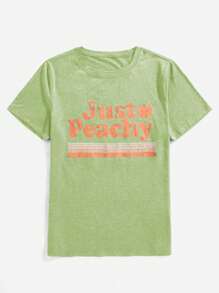 Chiquease Peach & Letter 图案 T 恤 Just Peachy 图案 T 恤 女式上衣 - 橄欖綠 - 查看 3