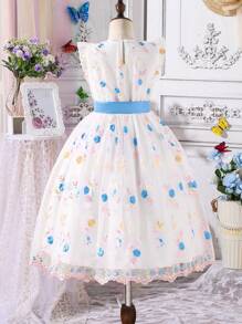 SHEIN Vestido de princesa de niña preadolescente con bordado floral, elegante vestido formal ligero